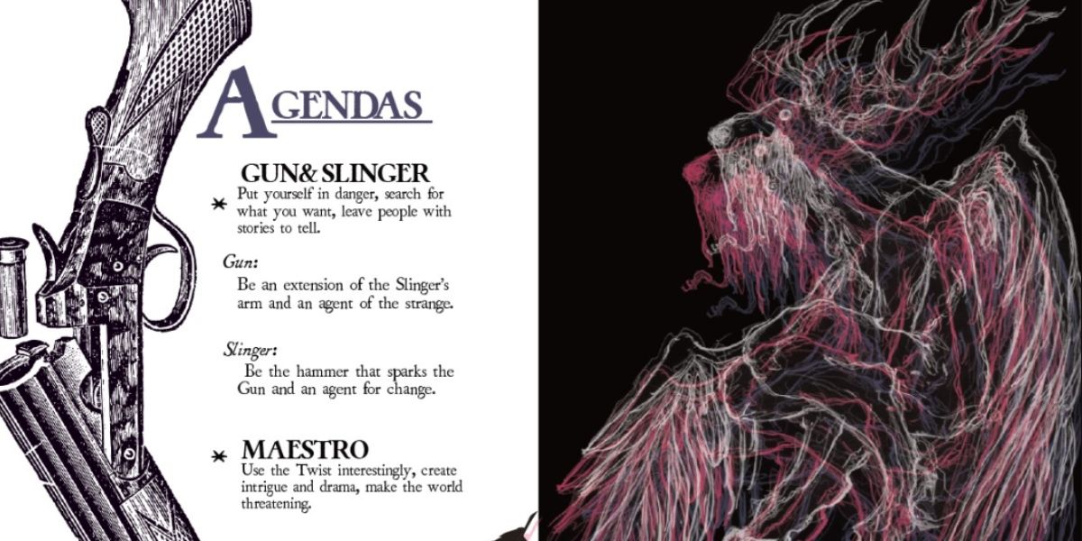 Una página que presenta la premisa inusual y el arte del TTRPG GUN&SLINGER para dos jugadores.