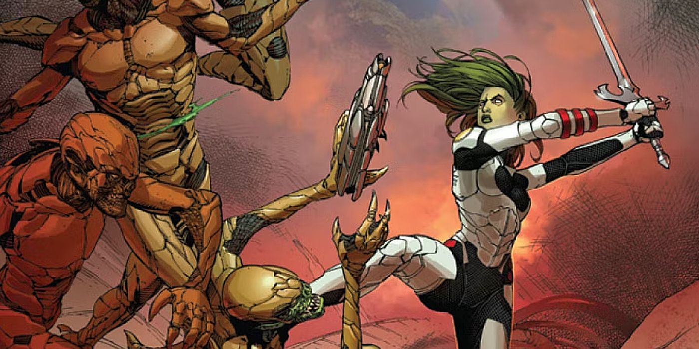 Gamora luchando contra extraterrestres con su Godslayer