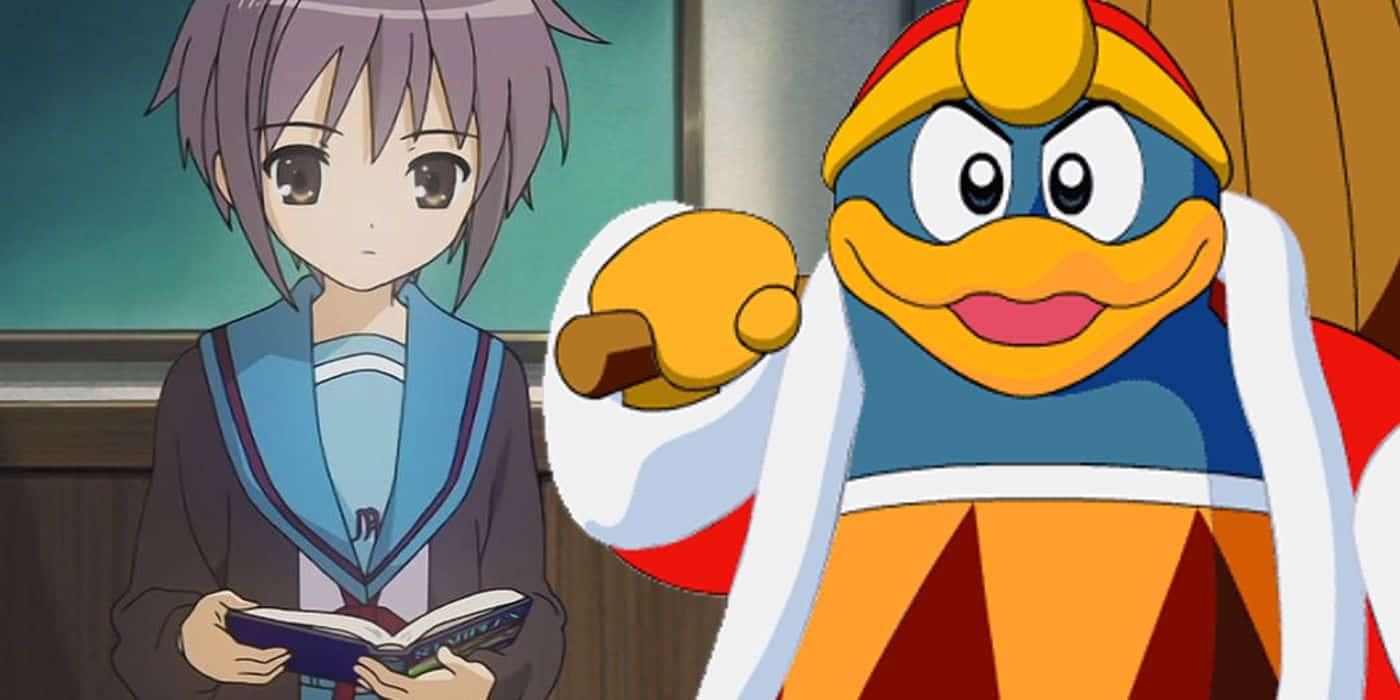 Yuki Nagato lee su libro y el rey Dedede blande su mazo. 