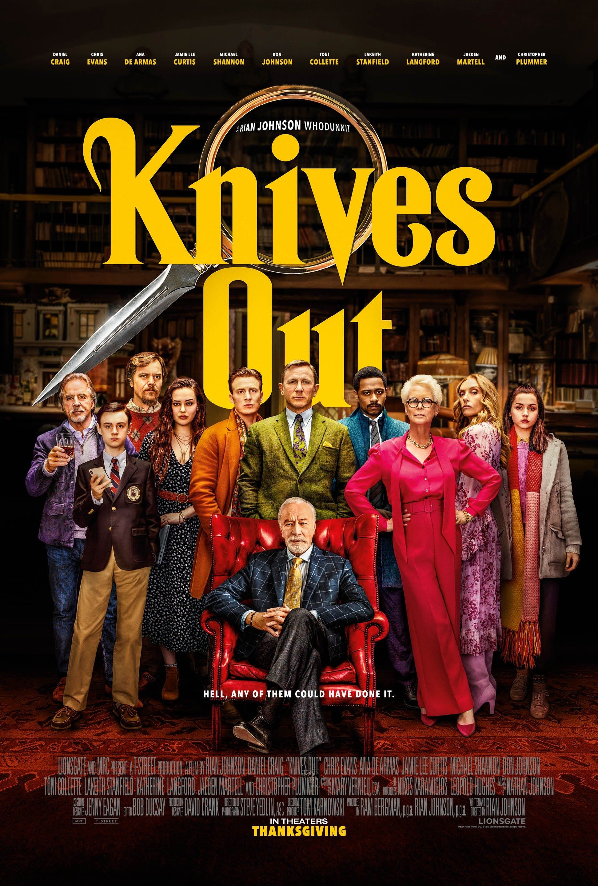 Jamie Lee Curtis, Don Johnson, Toni Collette, Christopher Plummer, Daniel Craig, Chris Evans, Michael Shannon, Ana de Armas, LaKeith Stanfield, Jaeden Martell y Katherine Langford en Knives Out (2019) Póster de la película