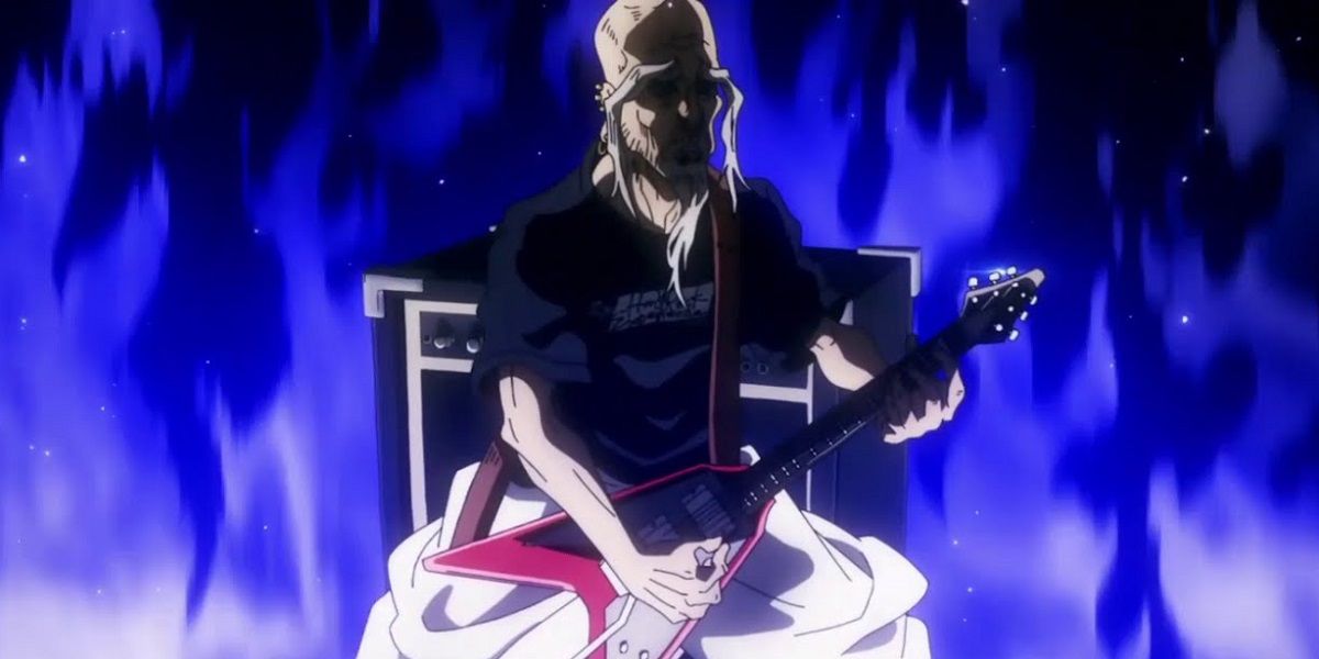 Yoshinobu Gakuganji de Jujutsu Kaisen sosteniendo su guitarra.