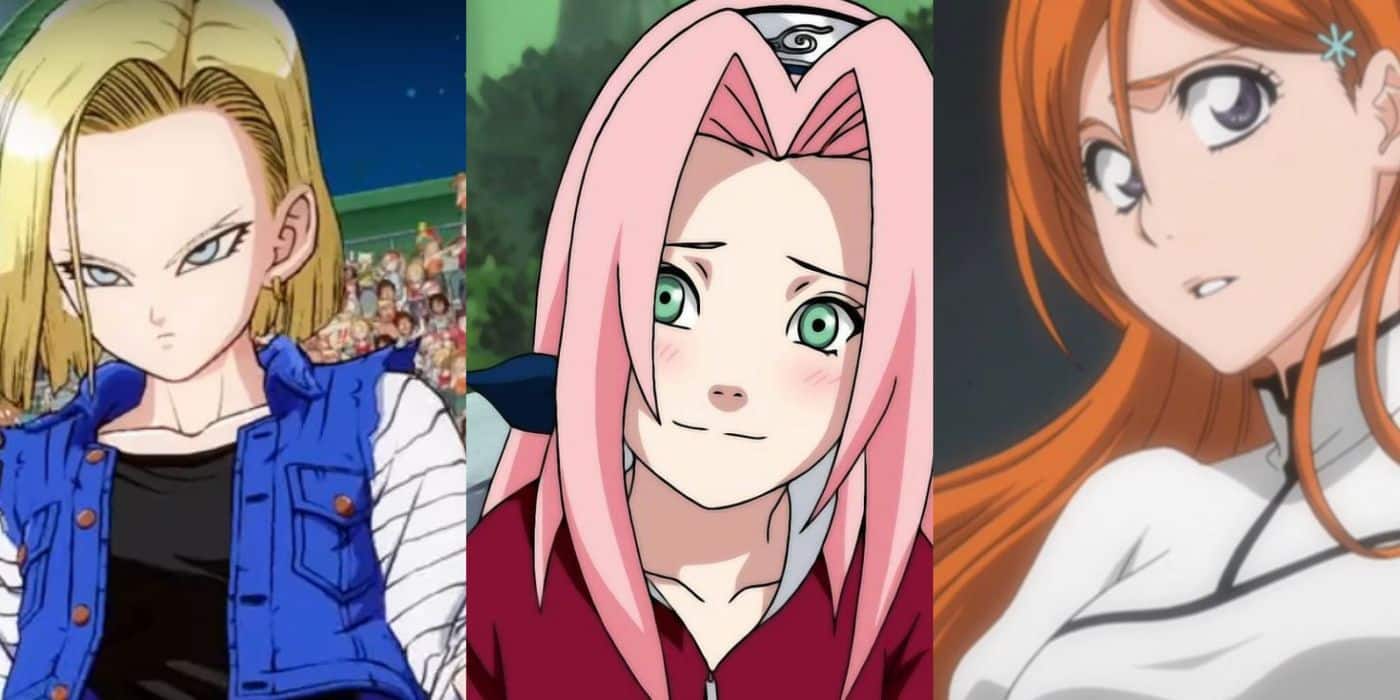 Androide 18 de Dragon Ball (izquierda), Sakura Haruno de Naruto (centro) y Orihime de Bleach (derecha).