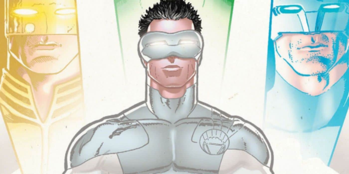 Kyle Rayner como el Linterna Blanco con imágenes de él como los Linternas Amarillo y Azul detrás de él.