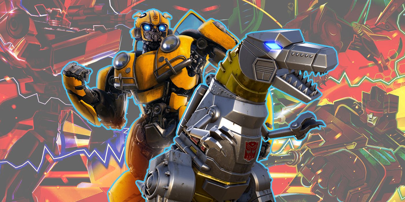 Bumblebee y Grimlock con la portada de Skybound Transformers al fondo