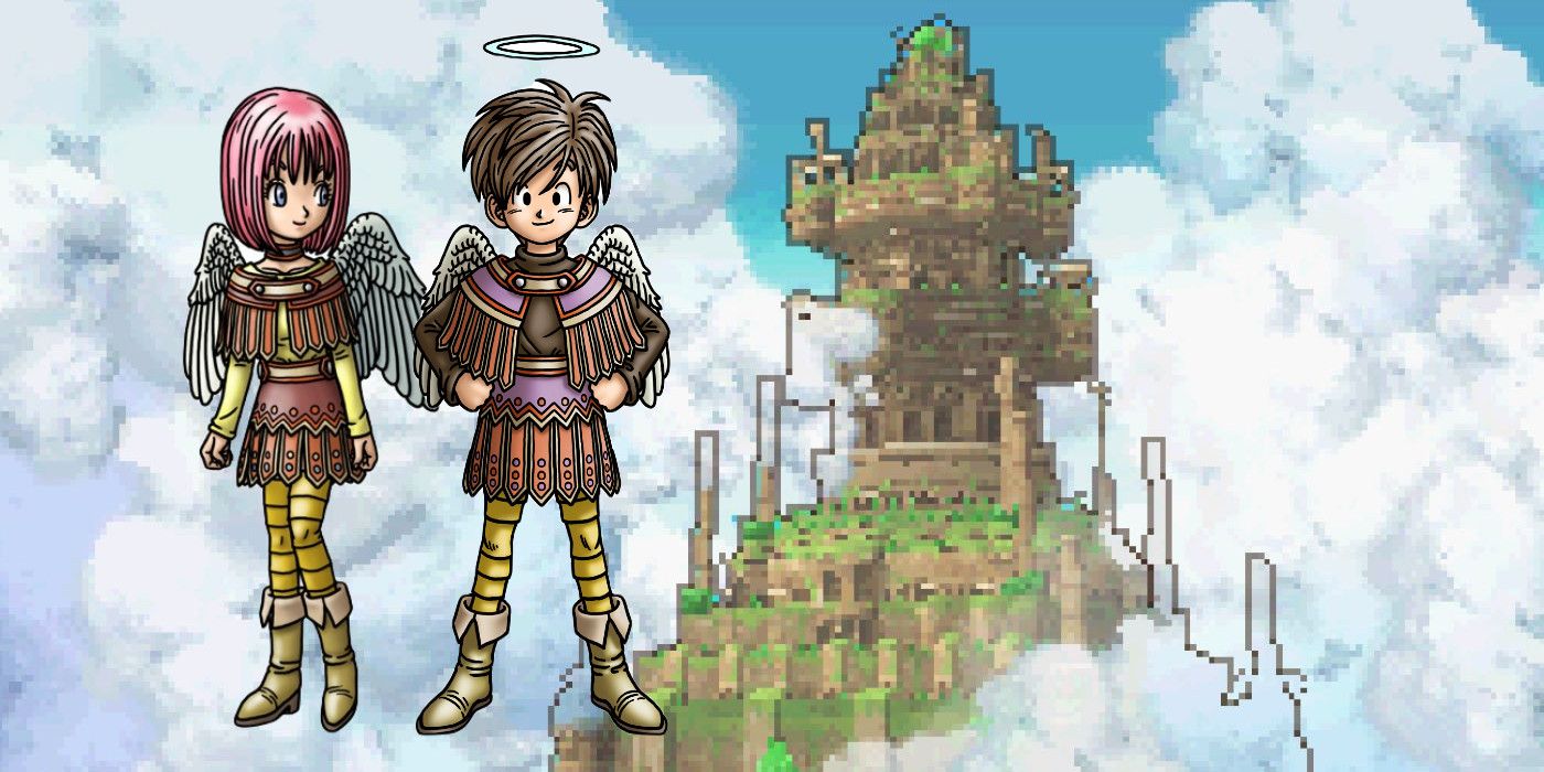 El observatorio en Dragon Quest IX.  Los protagonistas masculinos y femeninos se superponen a la imagen.