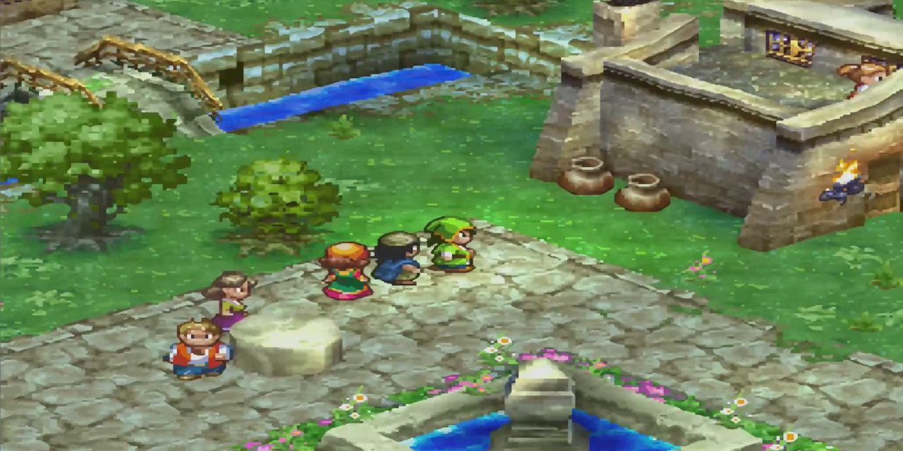 Hero, Ruff y Maribel deambulan por una aldea en Dragon Quest VII para PlayStation 1