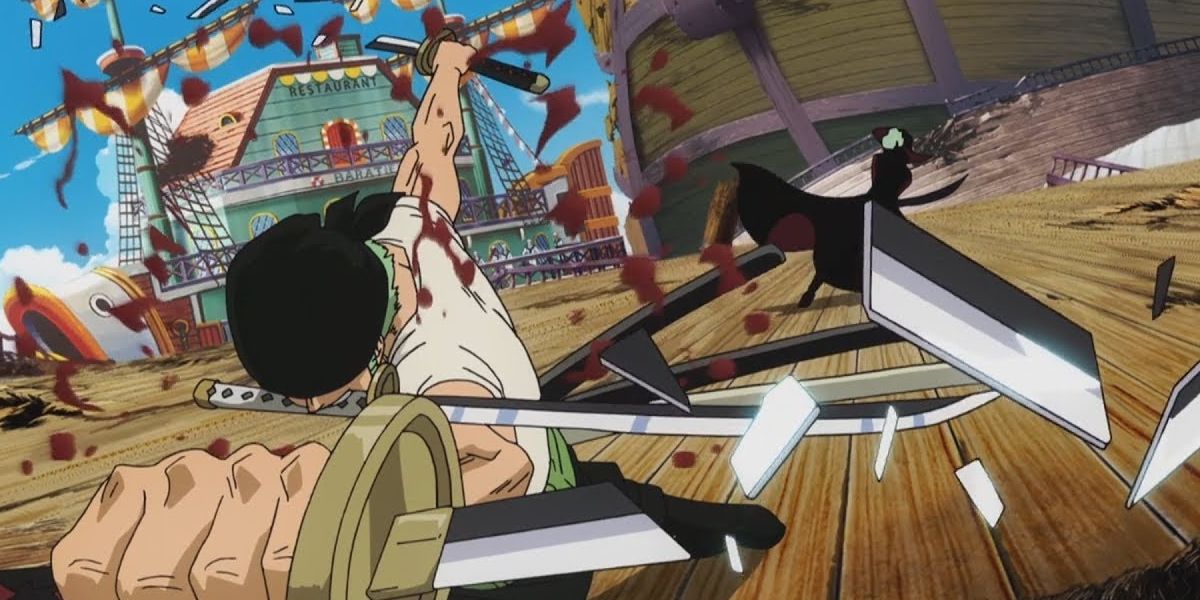 Zoro rompe sus espadas mientras lucha contra Mihawk en One Piece.