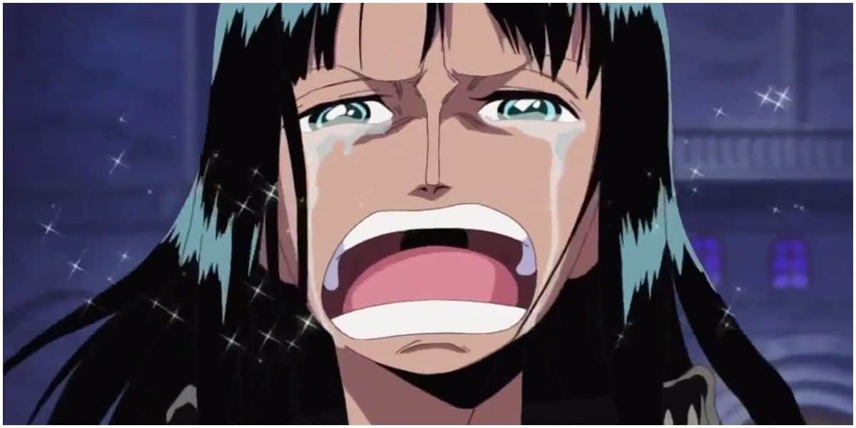 Nico Robin llora mientras le dice a Luffy que quiere vivir.