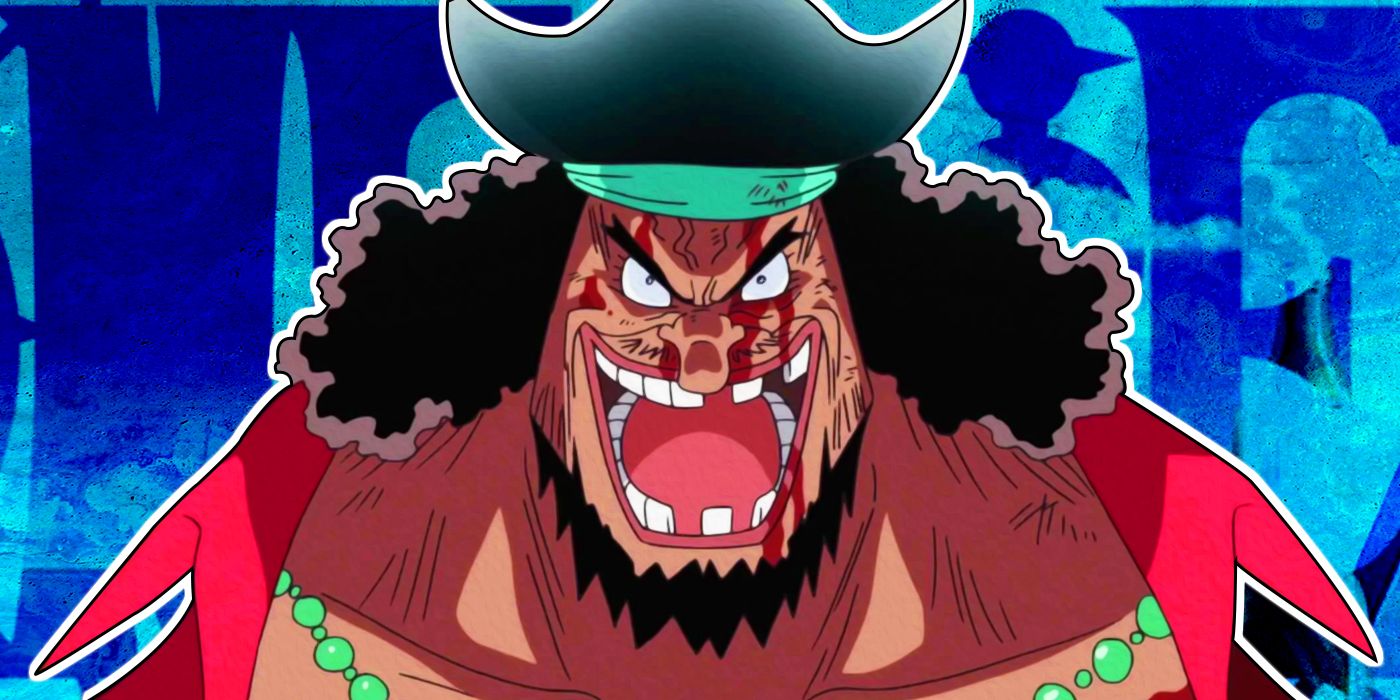 Barba negra de One Piece con fondo azul.