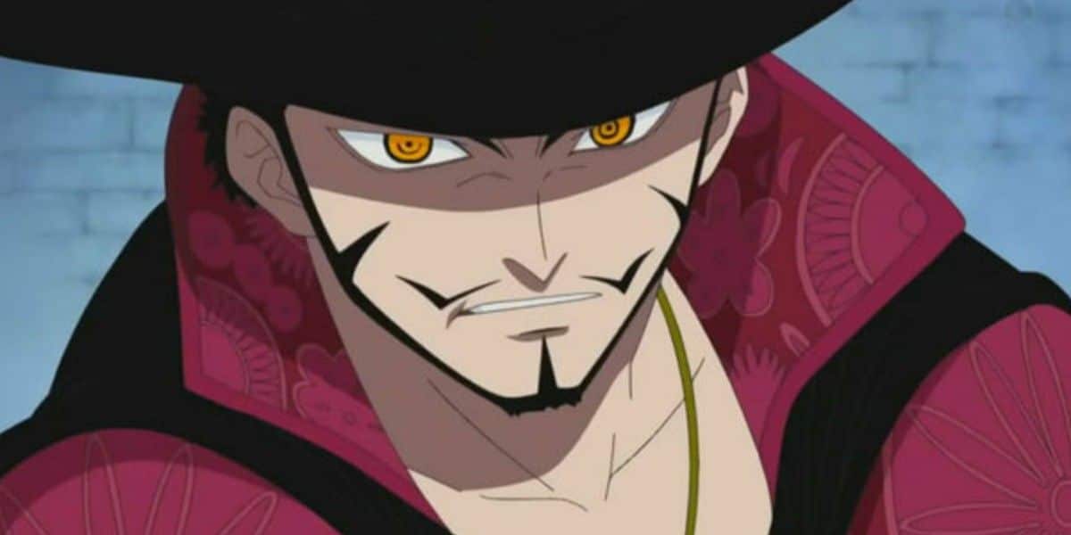 Dracule Mihawk el espadachín, haciendo una mueca en One Piece