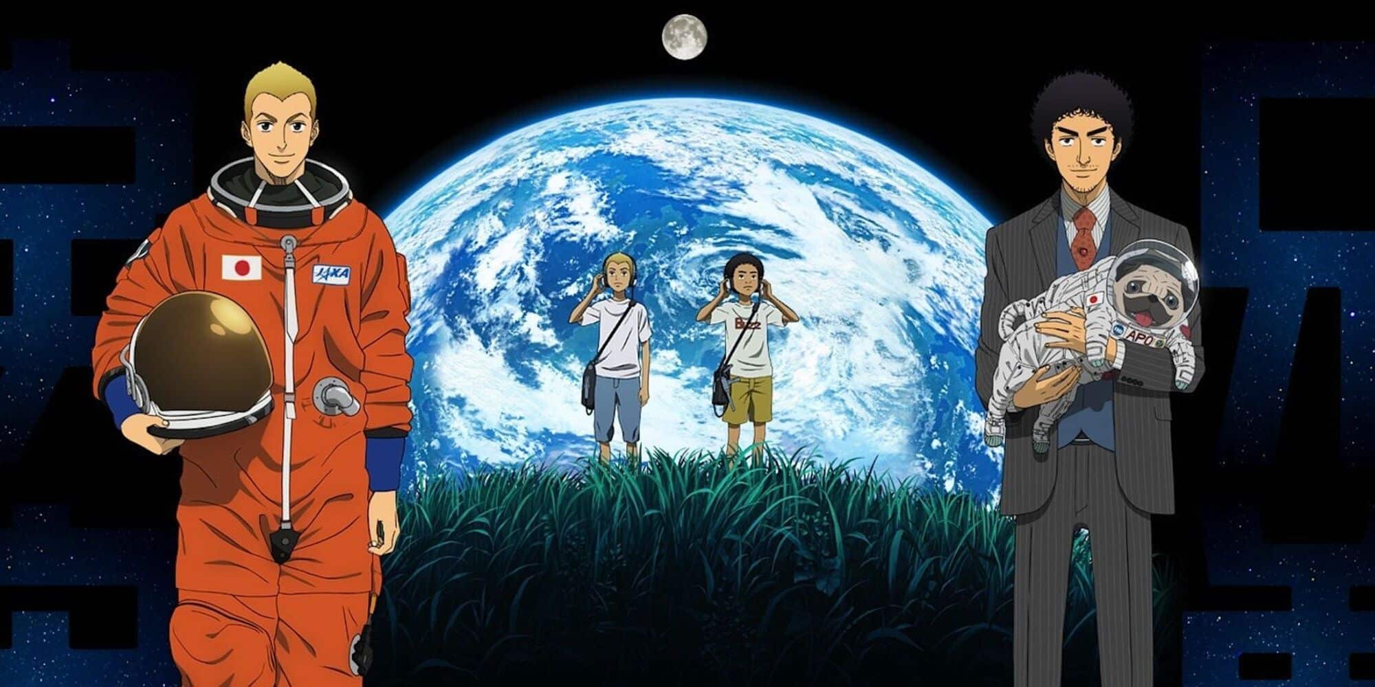Anime Space Brothers con un astronauta y un hombre de negocios, con la Tierra en el medio.