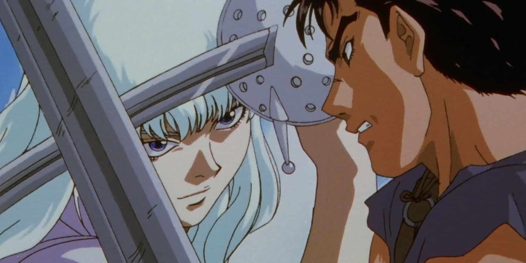 Giffith y Guts se enfrentan con espadas en el anime Berserk de 1997.