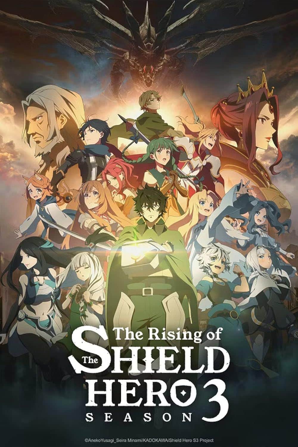 El elenco de personajes posando en el póster de la temporada 3 de Rising of the Shield Hero