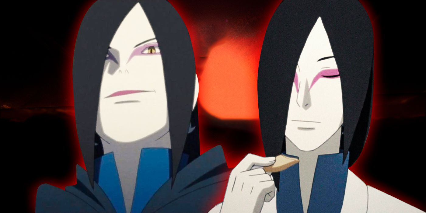 Orochimaru en el anime de Boruto sonriendo y comiendo un bocadillo.