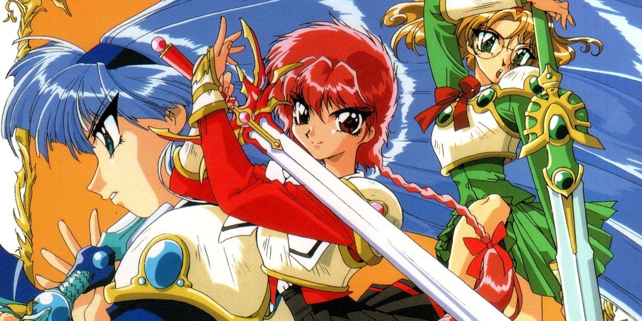 Hikaru, Umi y Fuu posan con sus espadas en arte promocional del anime Magic Knight Rayearth