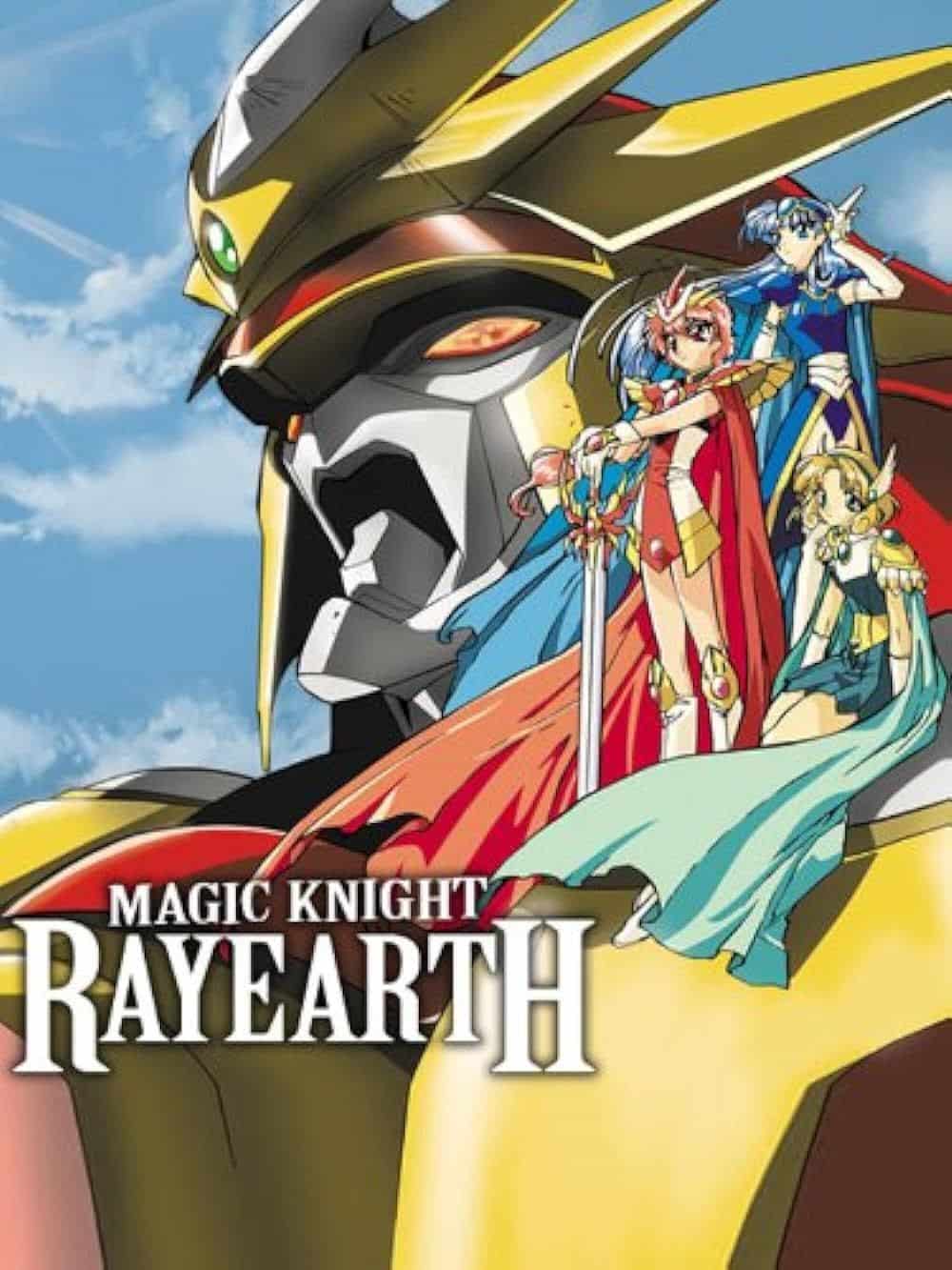 Portada de Magic Knight Rayearth, con guerreras en el hombro de una unidad mecánica.