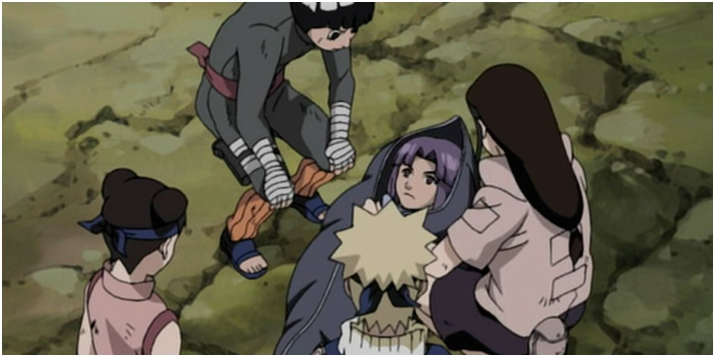 Naruto y el Equipo 8 rodean a una persona en una bolsa para cadáveres
