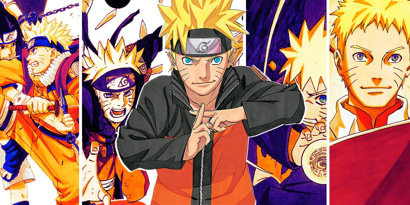 Imagen en tres partes de Naruto luchando, invocando clones y como Hokage.