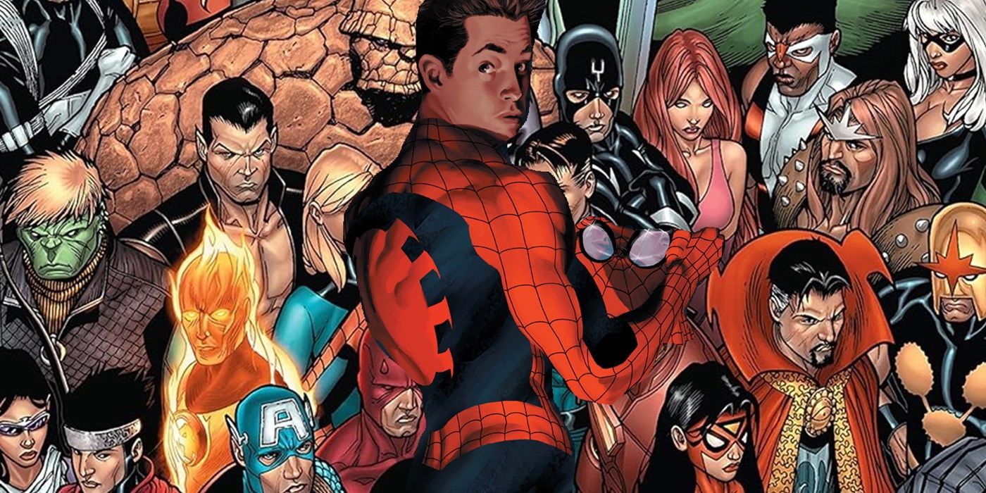 Spider-Man desenmascarado frente a un grupo de superhéroes