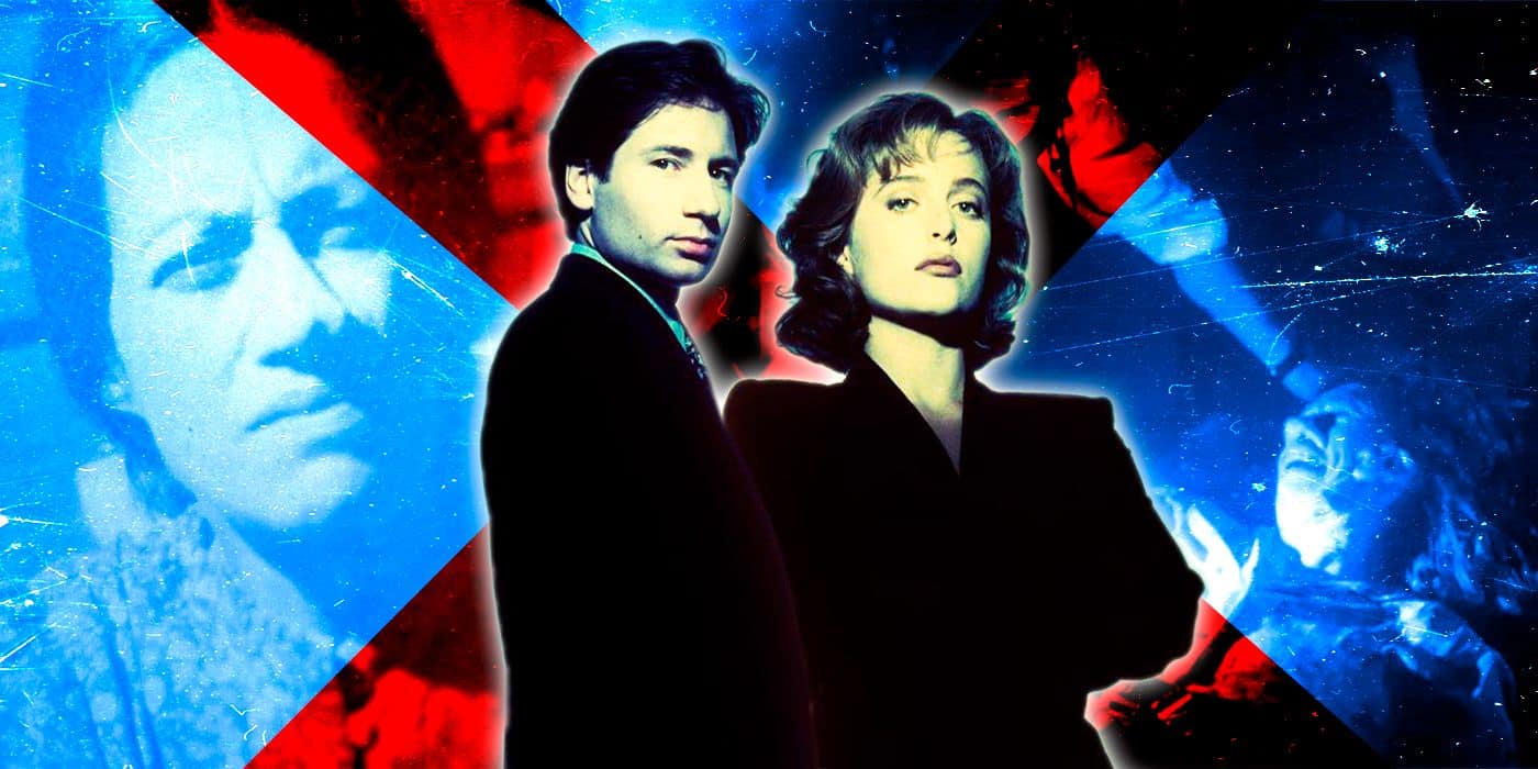 Mulder y Scully juntos frente a imágenes del episodio de la temporada 4