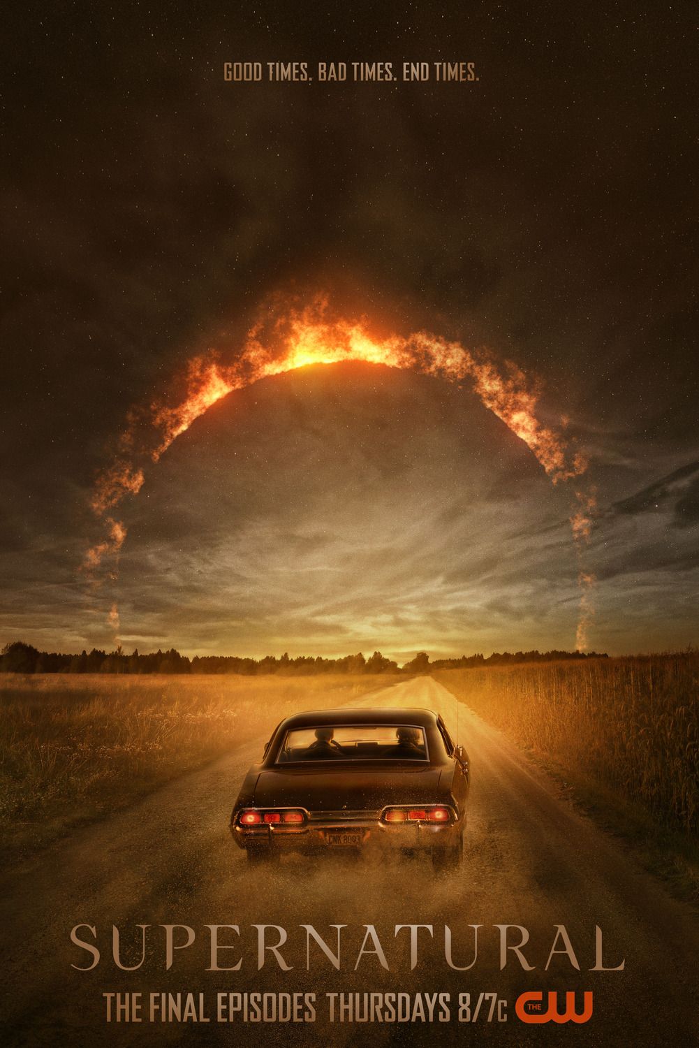 El Black Impala de los Winchester se dirige hacia un horizonte infernal en el póster de la serie de televisión Supernatural