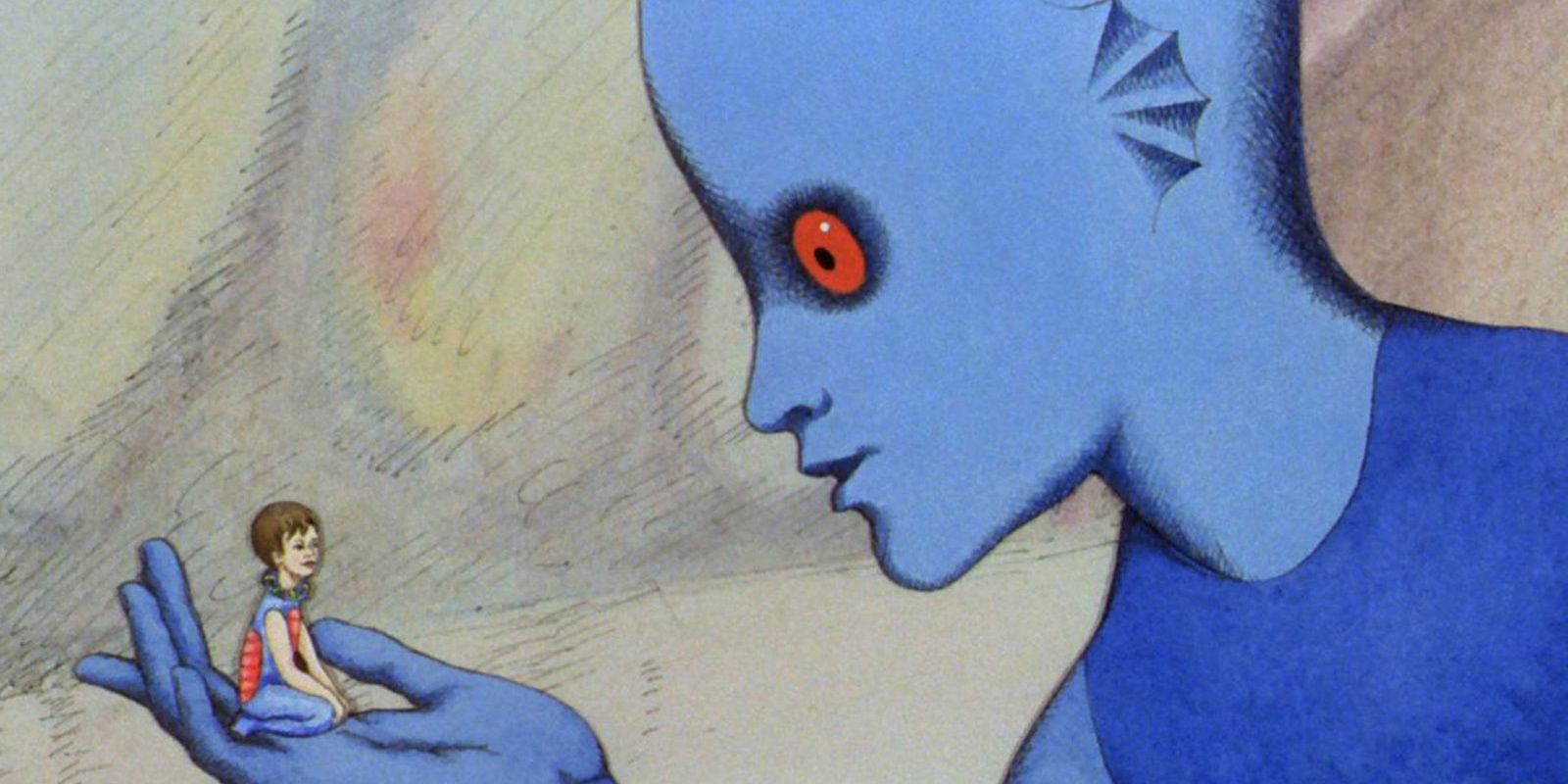 Un gigante azul sostiene un Onm en Fantastic Planet