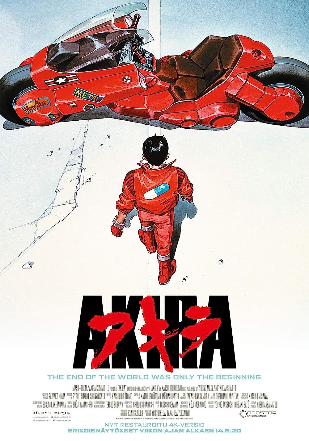 Akira camina hacia una motocicleta roja en la portada del cartel de Akira (1988)