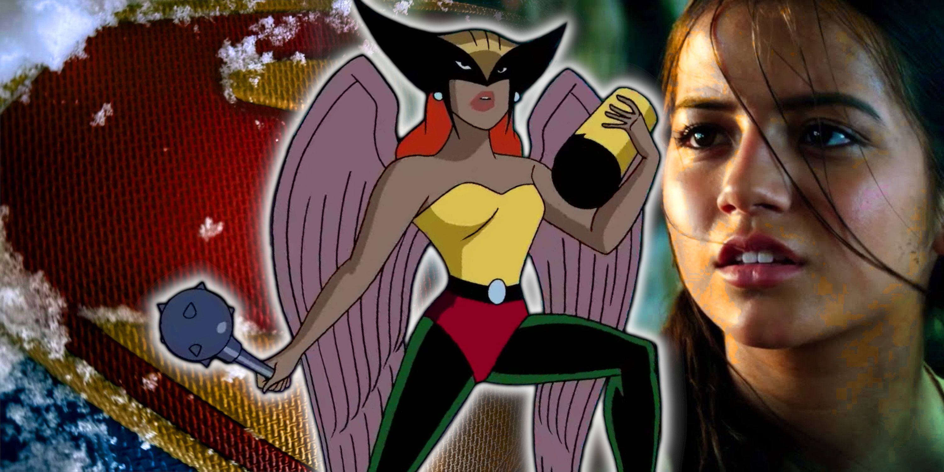 Hawkgirl de la caricatura de la Liga de la Justicia frente al símbolo de DCU Superman e Isabela Merced