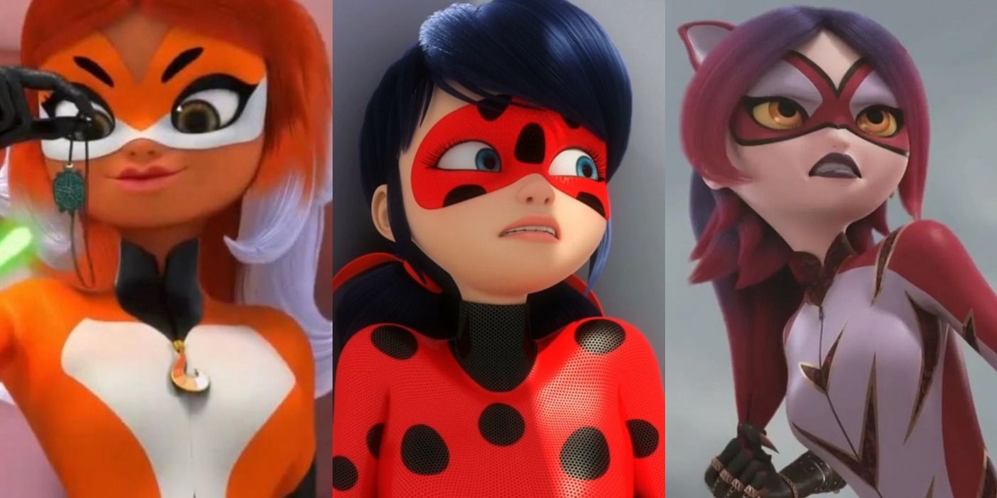 Una imagen dividida muestra a Rena Rouge, Ladybug y Purple Tigress en Miraculous Ladybug.