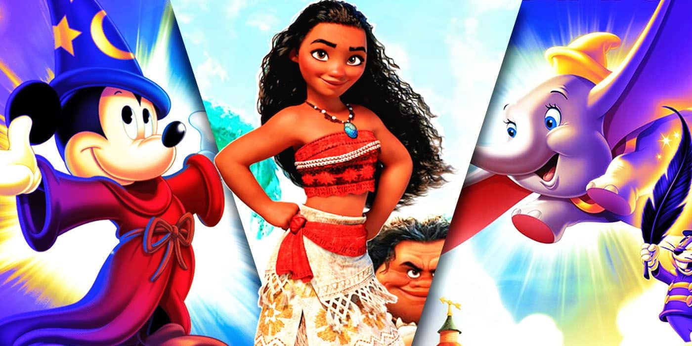 Imágenes divididas de Fantasía, Moana y Dumbo.