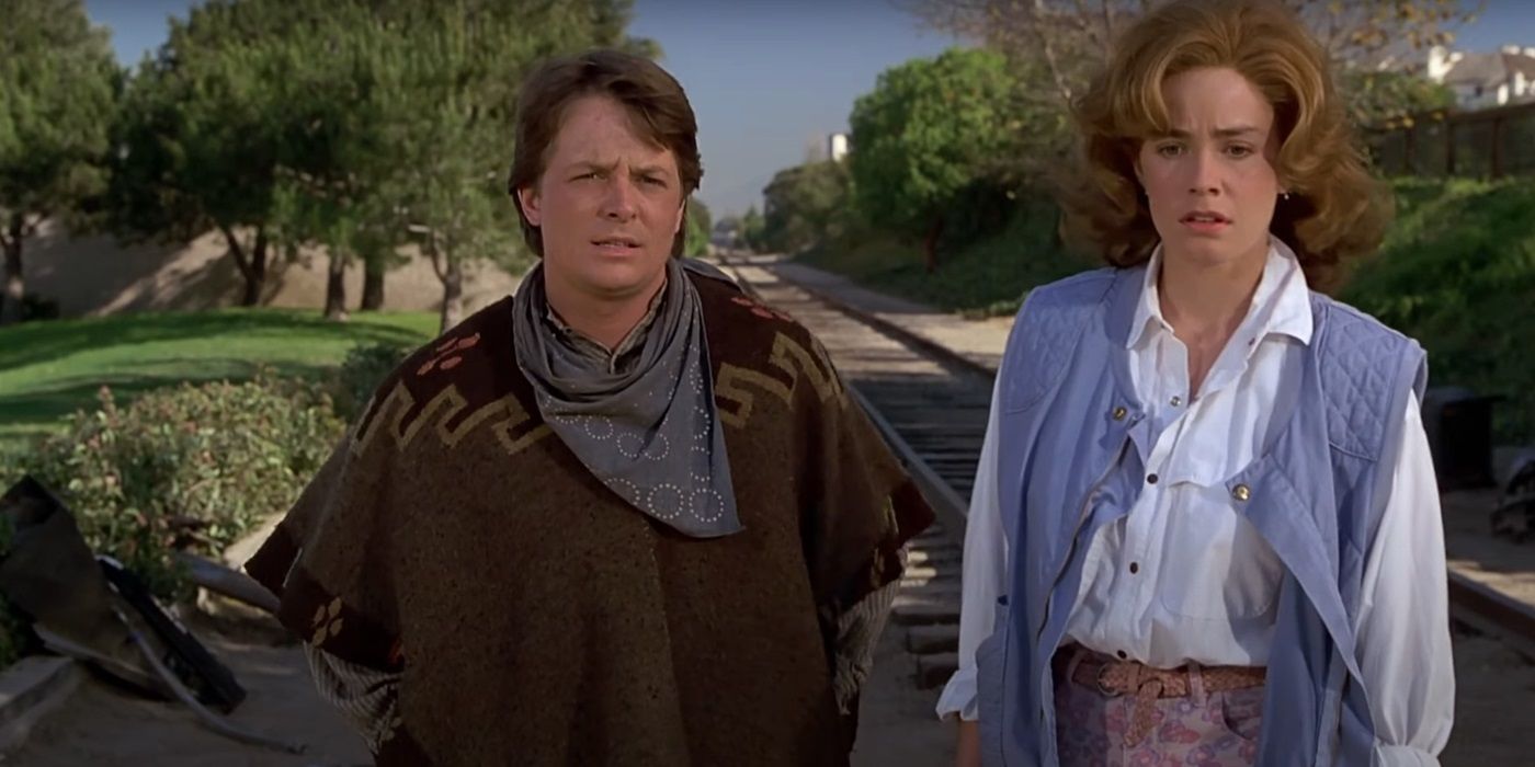 Michael J. Fox y Elizabeth Shue como Marty y Jennifer en Regreso al futuro III