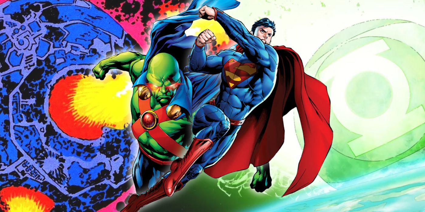 Superman y Martian Manhunter con Apokolips y Mogo de DC Comics al fondo