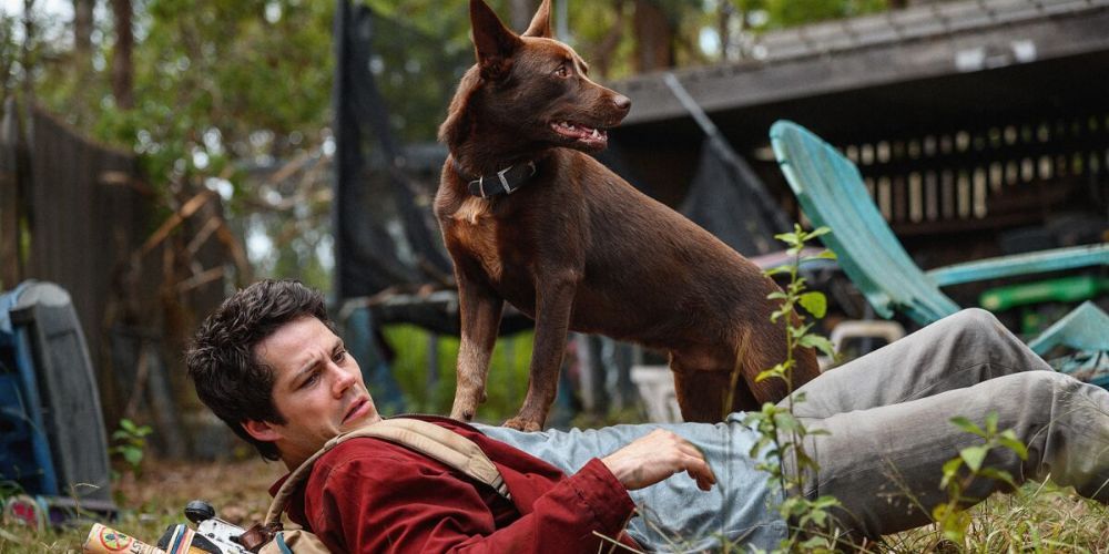 Dylan O Brien como Joel en Love and Monsters tirado en el suelo con un perro en el pecho 