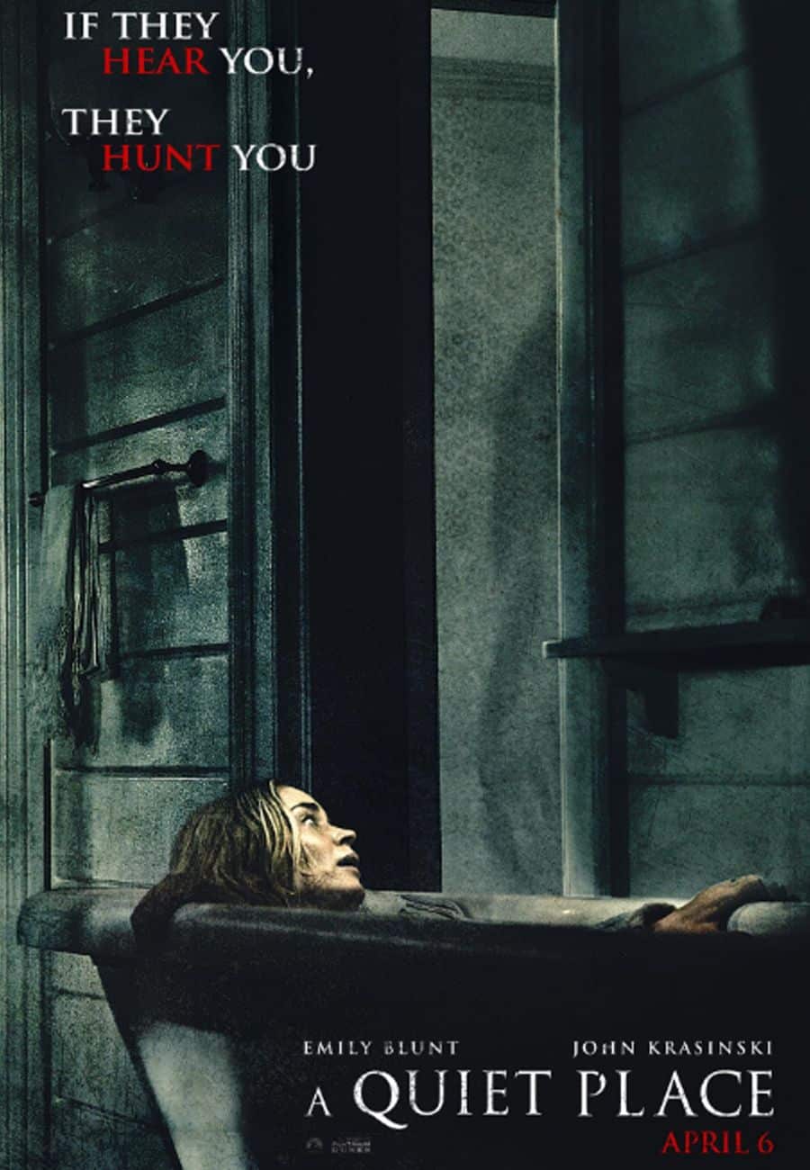 Un cartel de la película Quiet Place con Emily Blunt escondida en una bañera