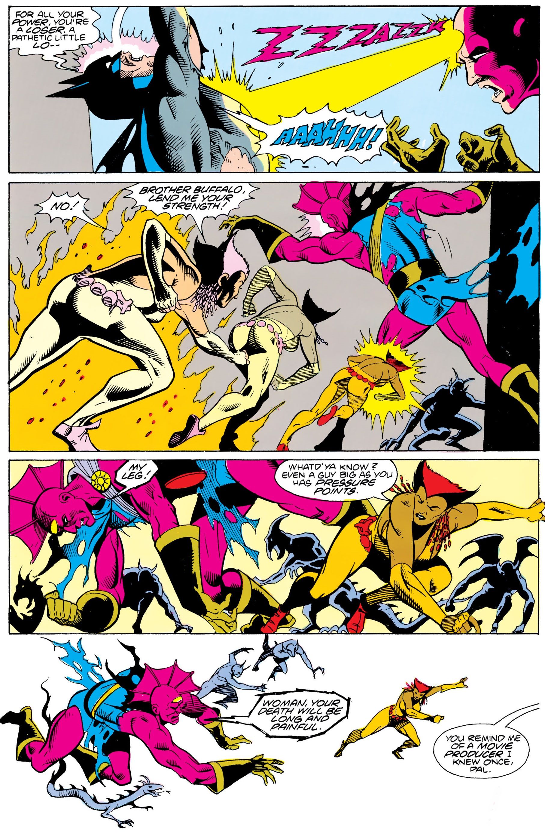 Batman se burla de Despero, mientras Vixen llega para ayudarlo.