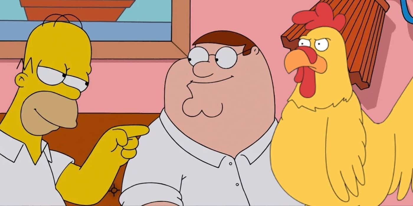 Homero Simpson conoce a Peter Griffin con el pollo gigante de Padre de familia