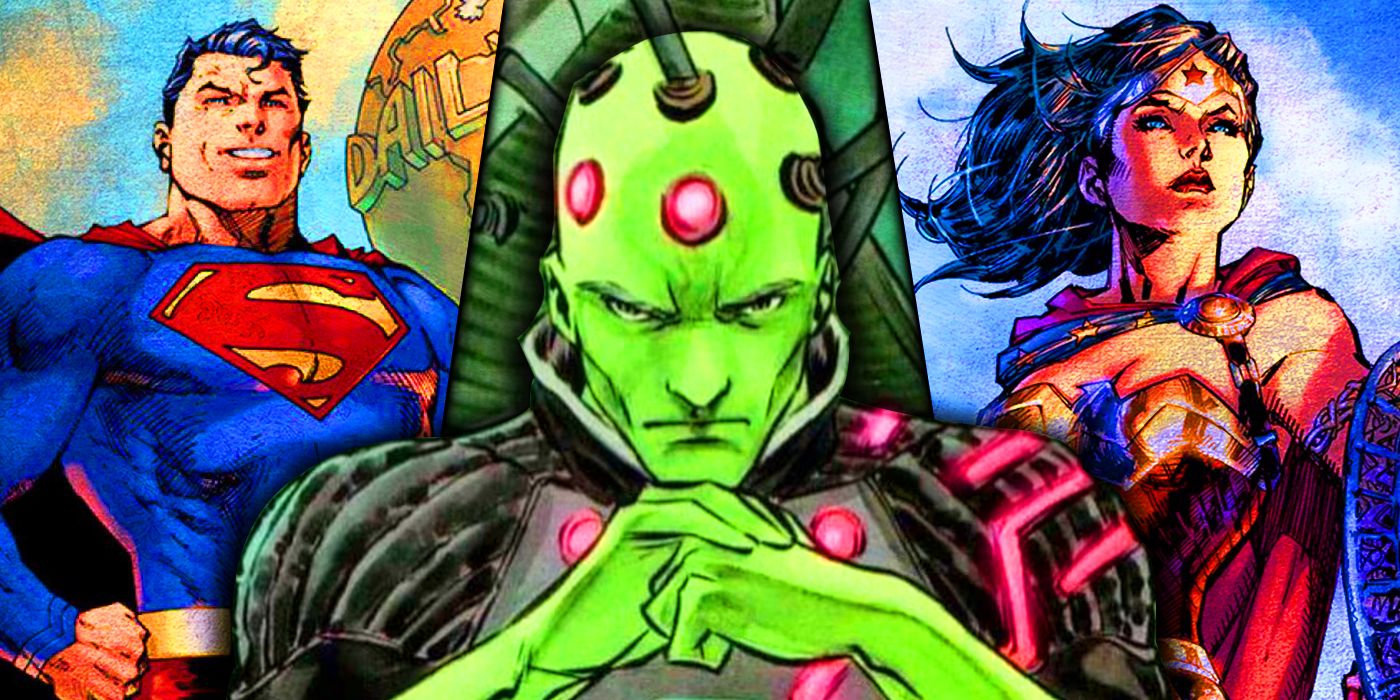 Una imagen dividida de Superman, Brainiac y Wonder Woman de DC Comics