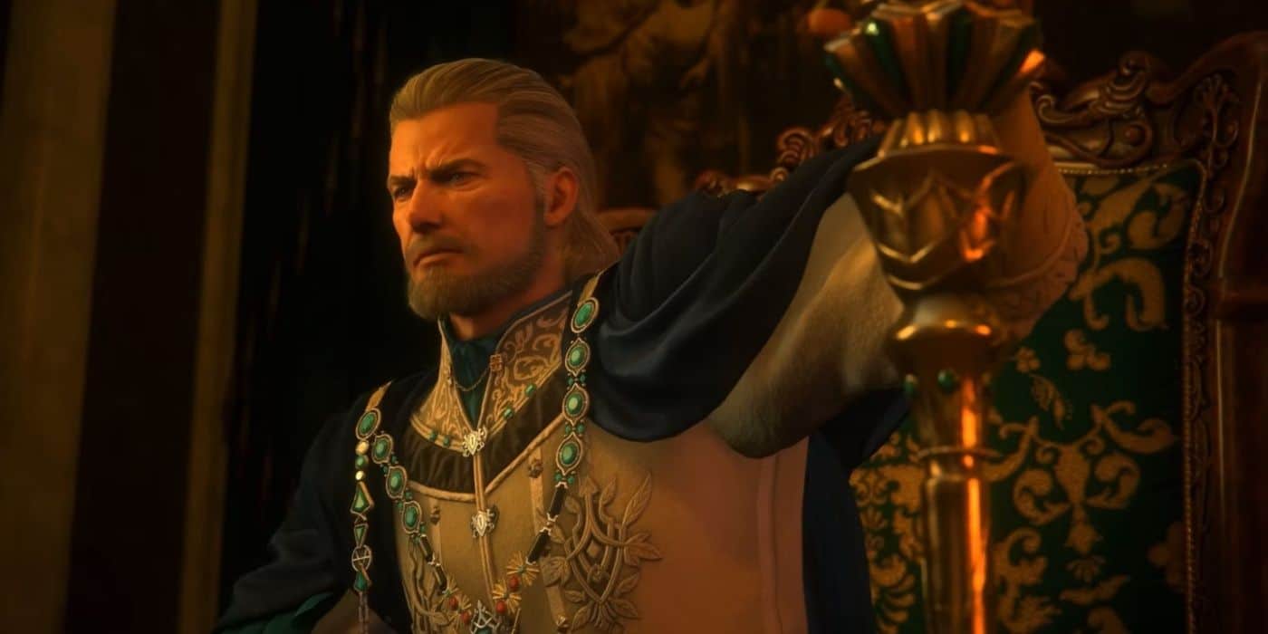 El emperador Sylvestre Lesage sentado en su trono en Final Fantasy XVI.