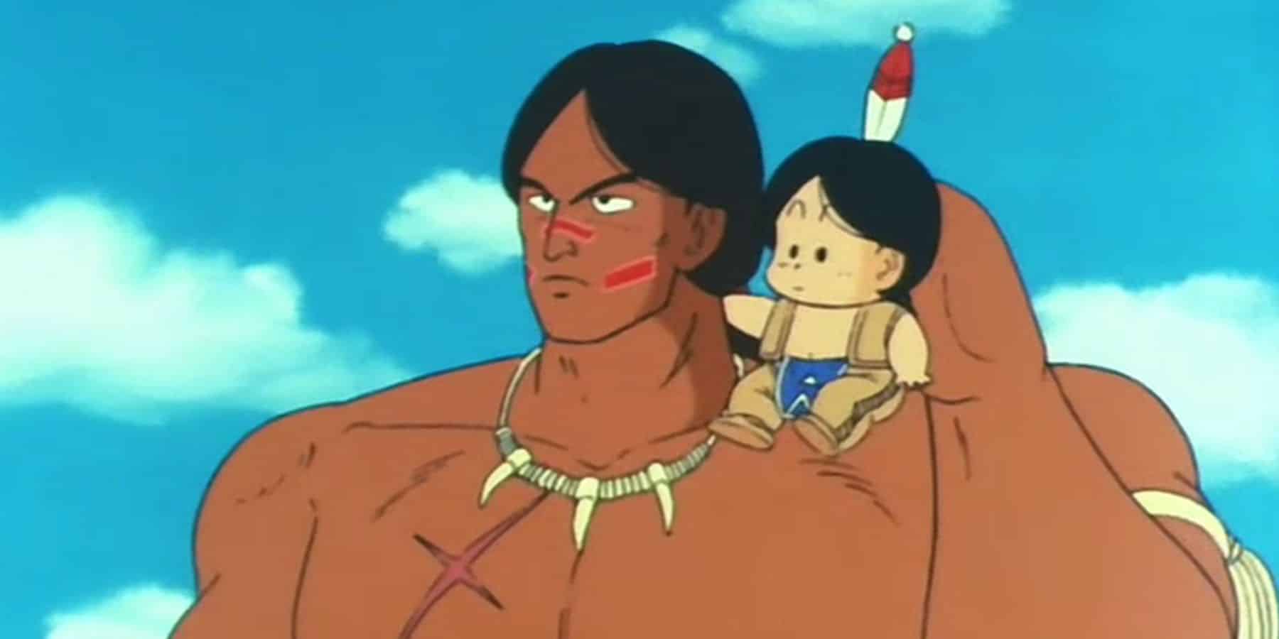 Upa se sienta sobre el hombro de su padre Bora en Dragon Ball.