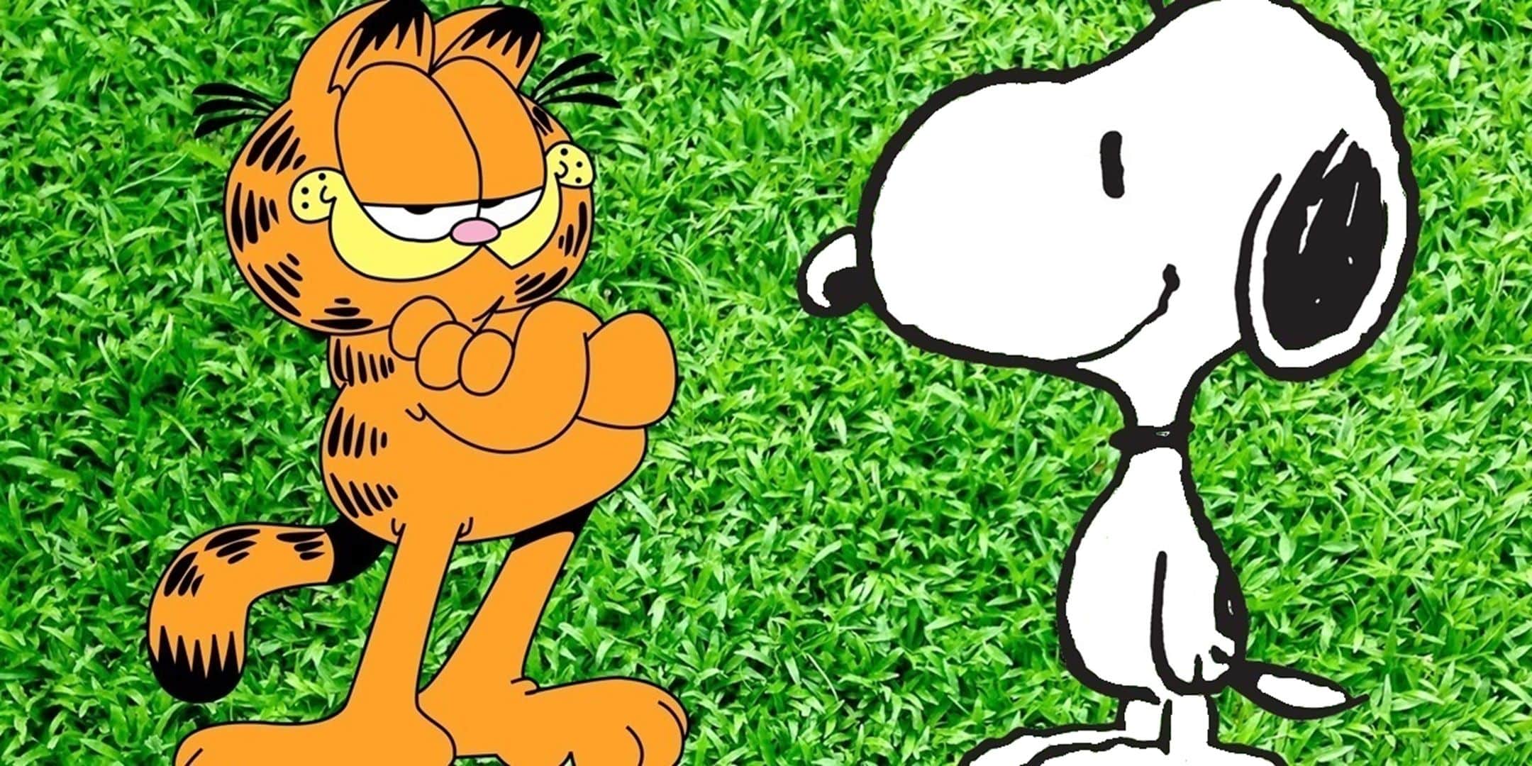 Garfield y Snoopy detrás de un campo en bruto