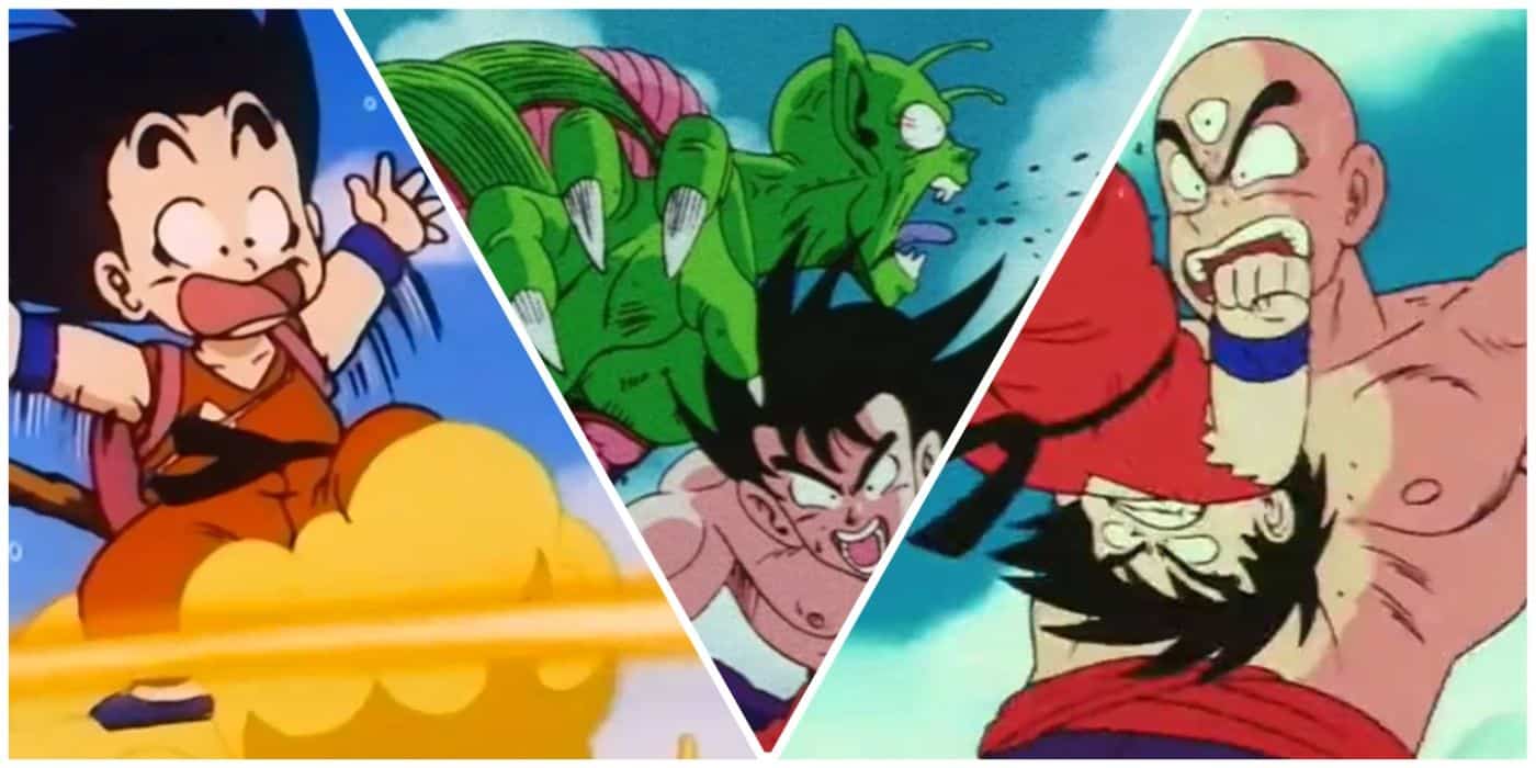 Kid Goku montando a Nimbus, Goku golpeando a Piccolo y Kid Goku luchando contra Tien de Dragon Ball