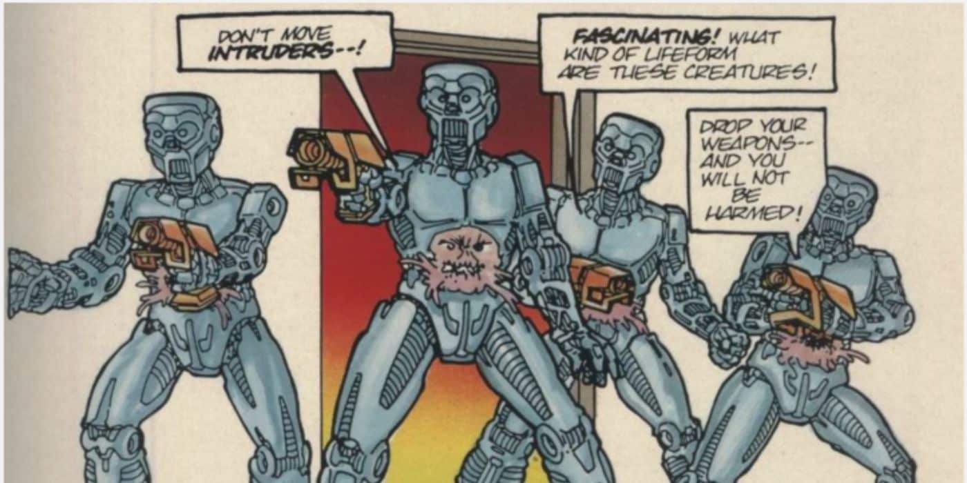 Los Utroms con sus exotrajes robóticos en los cómics de Mirage Teenage Mutant Ninja Turtles.