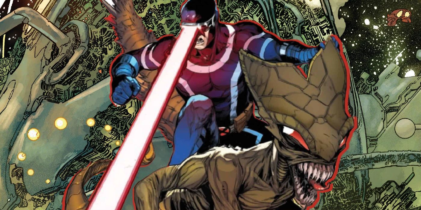 Cyclops dispara su rayo detrás de un miembro de la cría junto a Knowhere