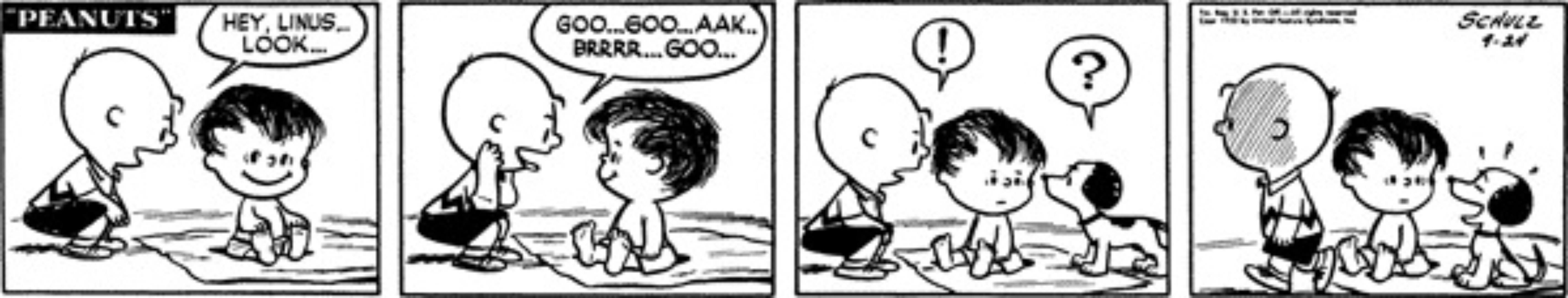 Charlie Brown habla de bebé con Linus