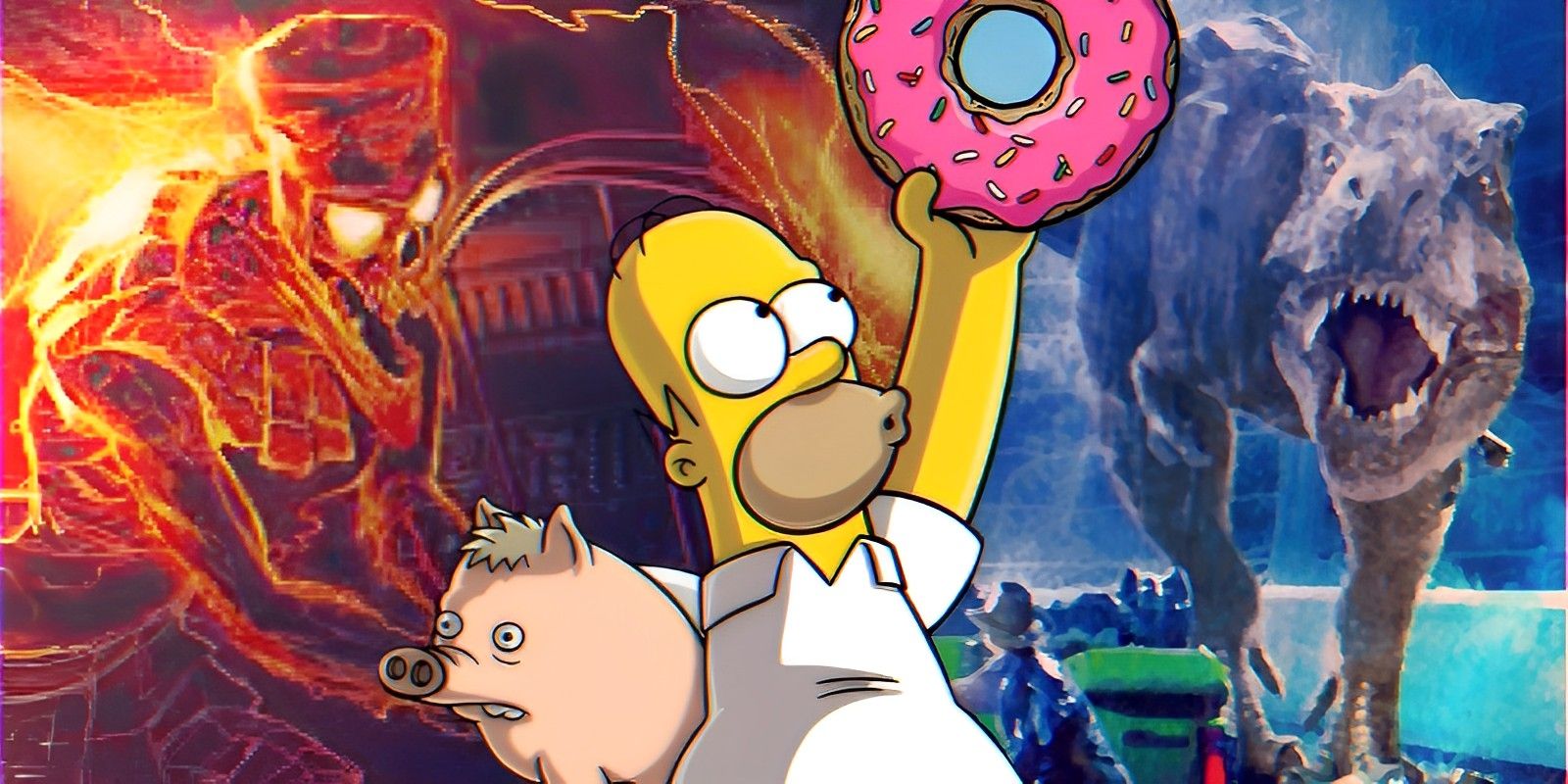 Póster de La Momia y el T-Rex de Jurassic Park con Homer Simpson sosteniendo un donut y Spider Pig.