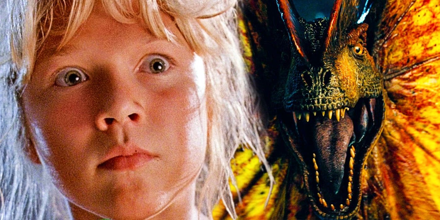 Lex Murphy (Ariana Richards) de Jurassic Park mira con miedo mientras el Dilophosaurus de Jurassic World Dominion se prepara para atacar.