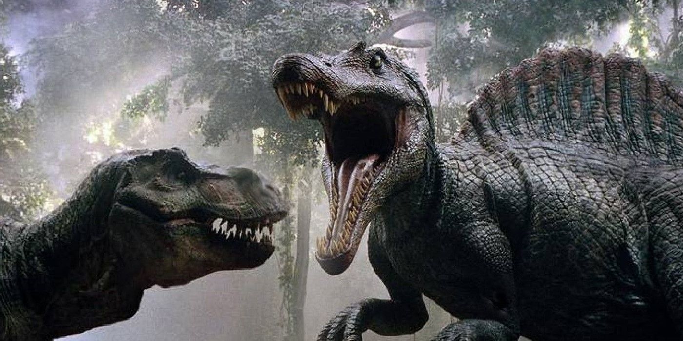 Un Spinosaurus rugiendo a un T-Rex en Jurassic Park.