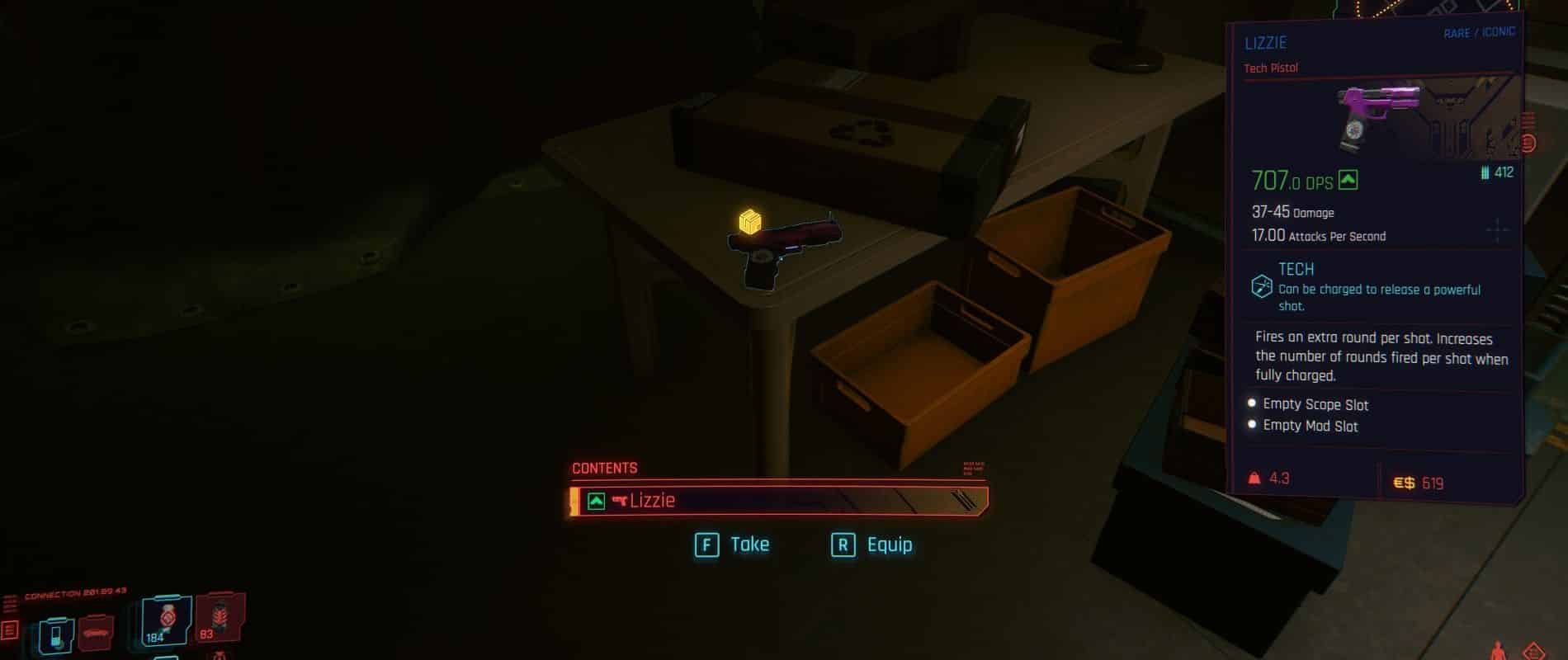 Un jugador encuentra la pistola Lizzie en Cyberpunk 2077