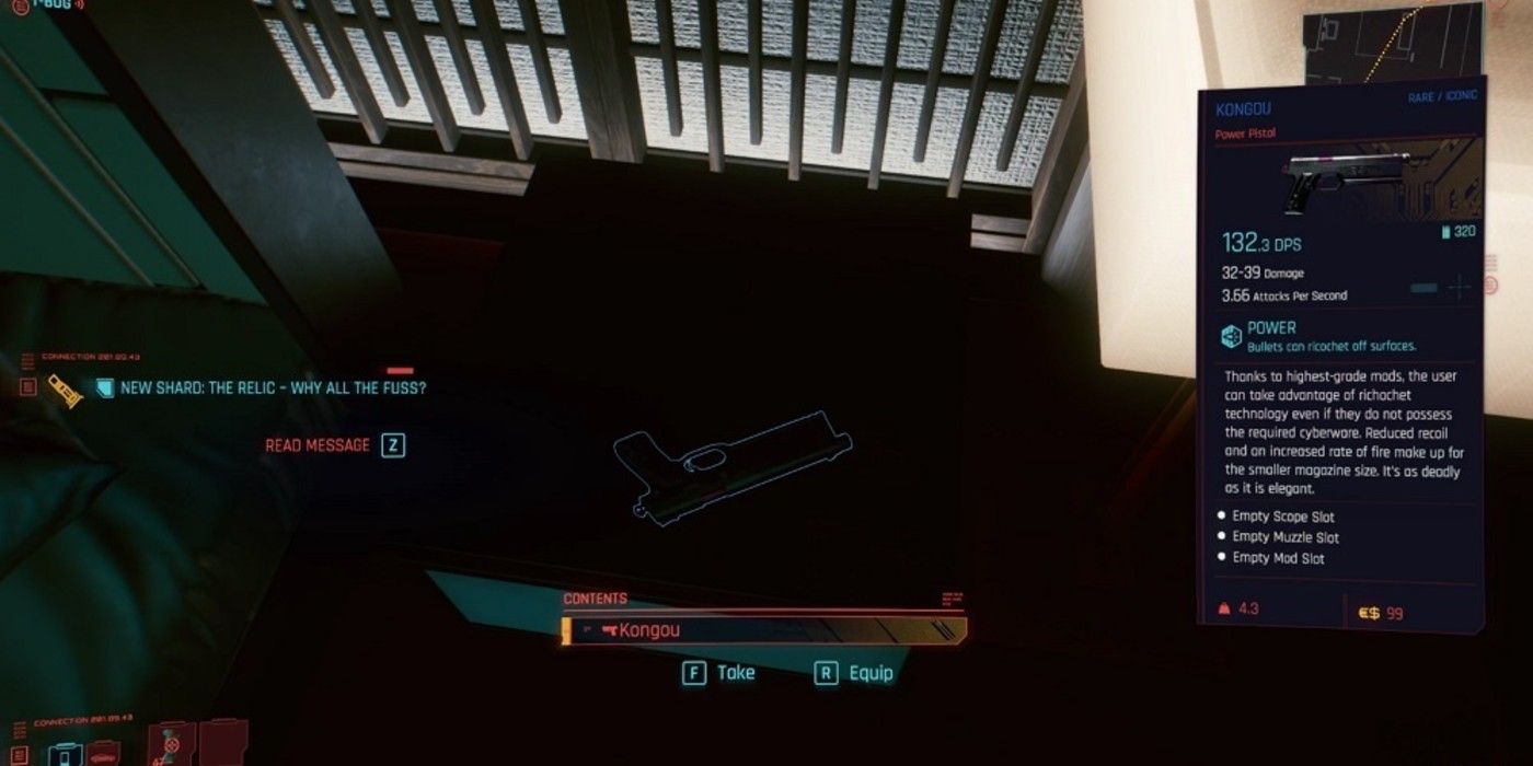 El jugador encuentra el arma Kongou en el suelo en Cyberpunk 2077