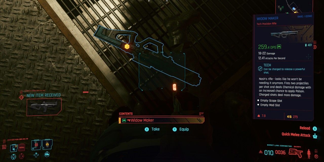 el jugador encuentra el rifle Widow Maker en el suelo en Cyberpunk 2077